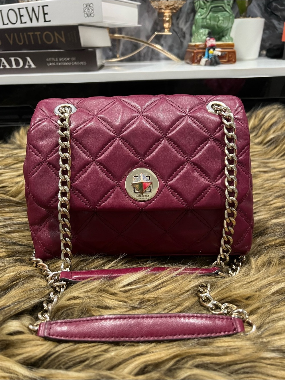 kate spade Quilted Shoulder Bag in Deep Berry with Gold Chain